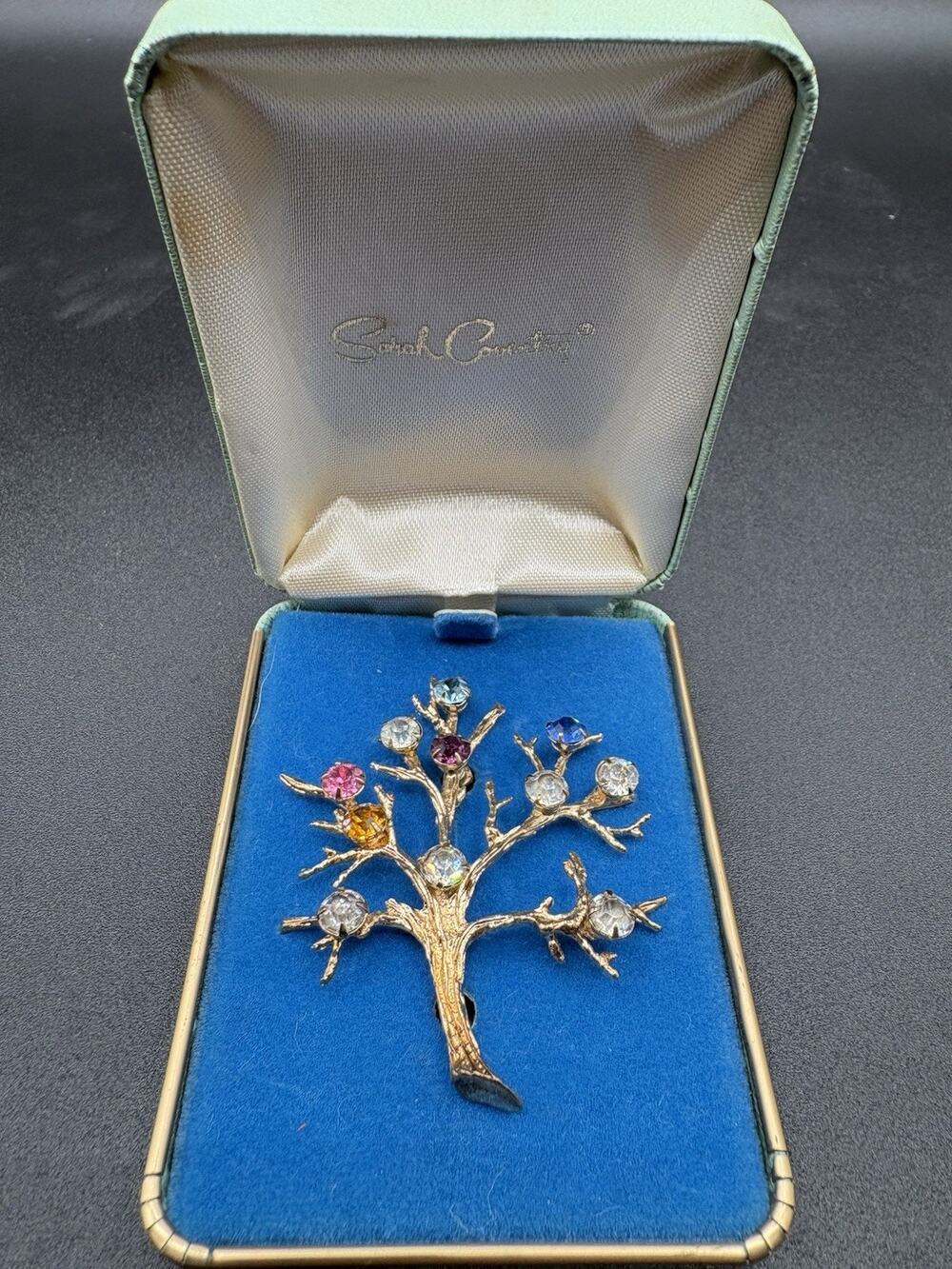 VTG SARAH COVENTRY Rhinestone Tree of Life Mother's Brooch Pin Gold Tone in Box